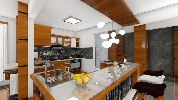 Elegant kitchen interior design showcasing granite island, pendant lights, and luxury wood cabinets