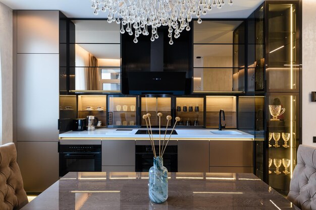 kitchen interior design with chandelier lighting